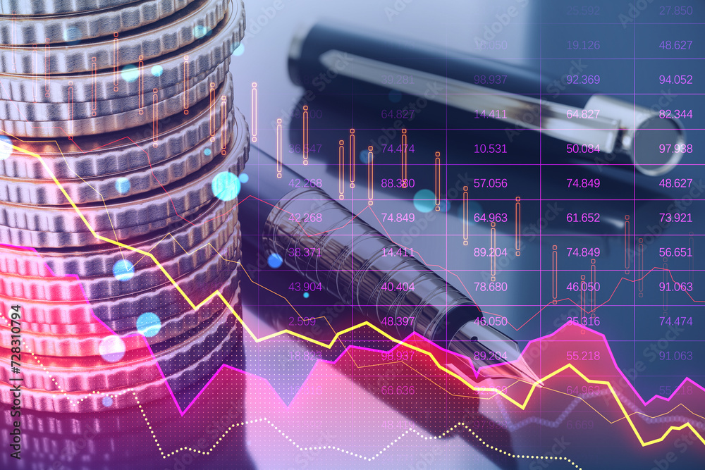 Poster close up of fountain pen and stacked coins on table with pink crisis business and forex chart on blu