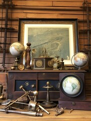Antique Nautical Instruments Framed Landscape Print - Maritime Art Collection