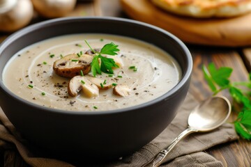Mushroom cream soup on wooden background, close up 