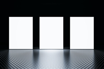Triple white displays on dark checkered floor, exhibition or gallery presentation. 3D Rendering - obrazy, fototapety, plakaty