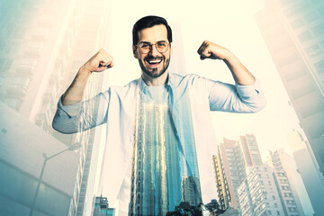 Strong happy young businessman silhouette on blurry bright city background. Success, future and...