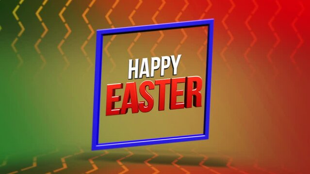 Colorful and festive Easter frame with happy Easter in red and blue letters arranged diagonally, with an abstract background of geometric shapes in red, blue, and yellow