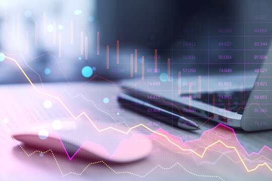 Close up of laptop, pen and mouse on desk with pink crisis business and forex chart on blurry background with bokeh circles. Downward trend and financial downfall concept. Double exposure.