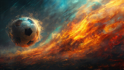 Fototapeta premium Burning Soccer Ball: Energy, Dynamics, Power, Speed, Fire, Flames, Sparks