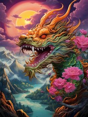 Fototapeta na wymiar Fire-Breathing Asian Dragon Festival Canvas Print - Inspiring Landscape with Exquisite Dragon Designs