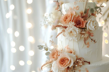 A tall sophisticated, elegant handmade cake in delicate pastel beige colors. Copy space.