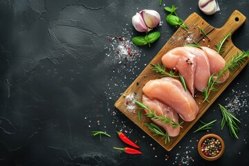 Raw chicken fillet on a cutting board with spices on a dark background. Top view 