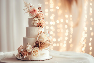 A tall sophisticated, elegant handmade cake in delicate pastel beige colors. Copy space.