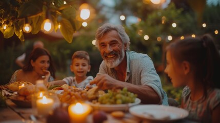 Elderly man enjoys a meal with kids in an evening garden setting