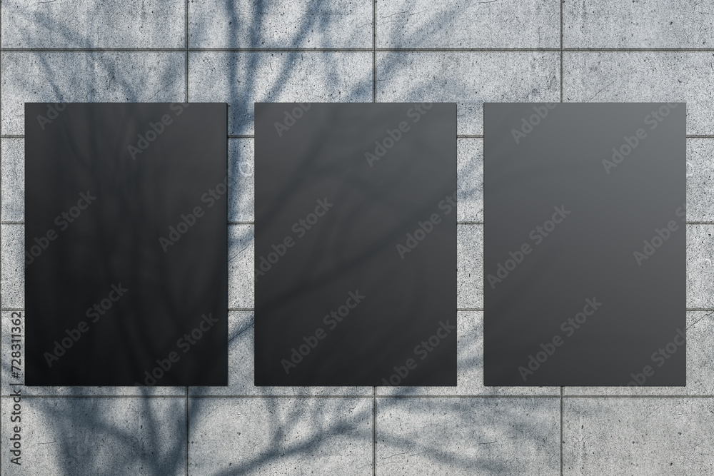 Poster creative outdoor tile wall with tree shadow and black mock up posters. urban design concept. 3d rend