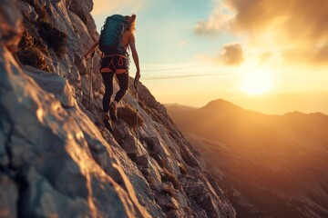 Scale view of women hiker climbing the mountain at sunset. 