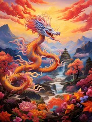Fototapeta na wymiar Asian Dragon Festival Art Valley Landscape: Majestic Dragons Weaving through Vibrant Valley Parades