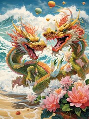 Fototapeta na wymiar Asian Dragon Festival Art: Dragons Dancing on Sandy Shores - Tropical Beach Art