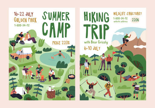 Summer camp, holiday hiking, posters designs. Outdoor adventure, trips, advertising cards, promotion banners templates. Campsite, backpacking and nature travel backgrounds. Flat vector illustrations