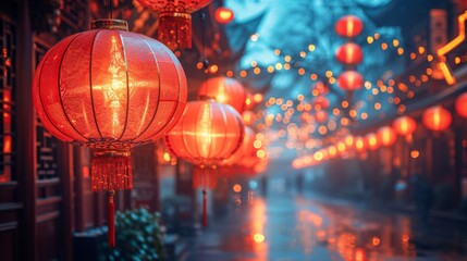 Chinese New Year Celebration Red Lanterns and Ornaments Illuminate the Night Sky Generative AI