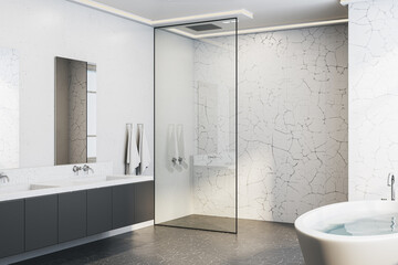 New light marble bathroom interior. Hotel and interior designs concept. 3D Rendering.