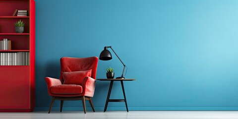 Blue living room with red armchair, black desk chair.