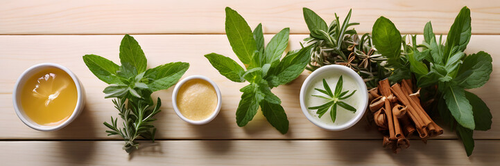 Healthy food:peppermint, rosemary, ginger tea on the light wooden table. Perfect for website, blog, social media platform, restaurant, gym, exhibition, lecture, seminar, magazine, promotional  event.