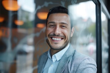 Fototapeta premium Smiling businessman wearing blazer seen through glass