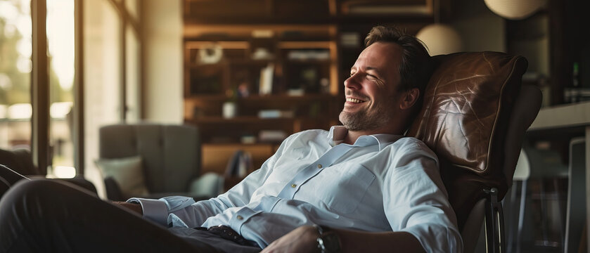 Stylish modern middle-aged businessman relaxing and smiling in living room after work. Indoors, room has shadows. Natural candid shot, golden hour