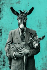 A dapper gentleman flaunts his eccentricity by clutching a bewildered donkey in his tailored suit, defying societal norms with a touch of whimsy