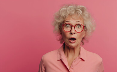 Mature Woman with Glasses and Big Hair on Pink Background