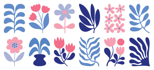 Floral doodle background vector set. Flower and leaves abstract shape doodle art design for print, wallpaper, clipart, wall art for home decoration.