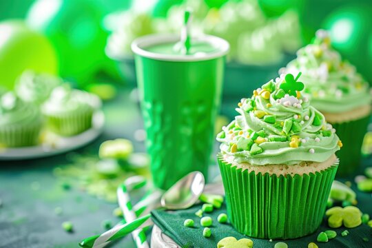 This is a bright and colorful green photograph of St Patrick's day party favors and food 