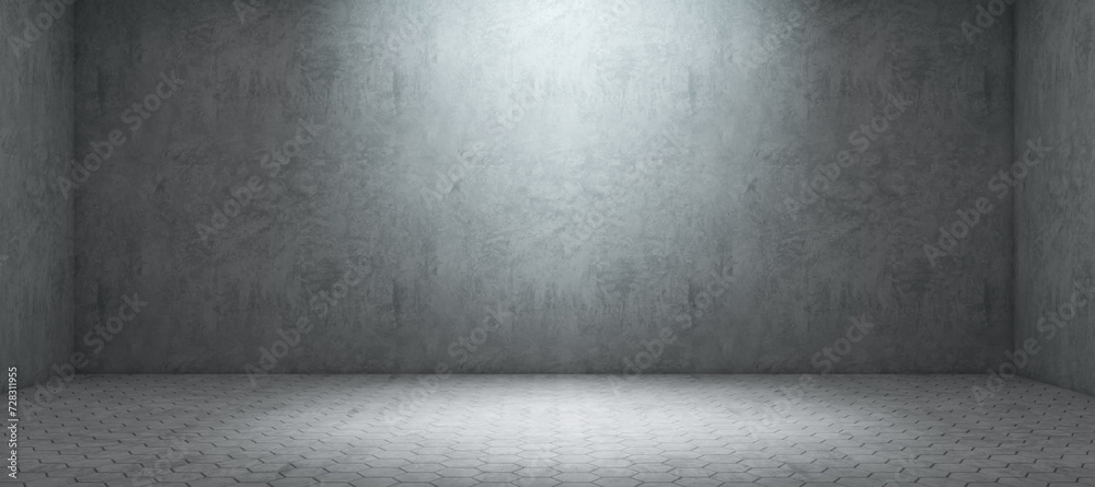 Poster empty wide concrete interior with mock up place on wall. gallery and exhibition hall concept. 3d ren