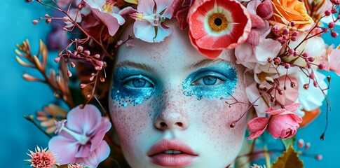 A delicate human face adorned with a crown of vibrant flowers, framed by long eyelashes and piercing blue eyes, evoking a sense of beauty and fragility like a blooming rose in a portrait