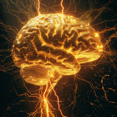 Golden Brain with Electronics on a Dark Background. Brain Power.