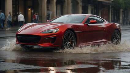 Red sports car crossing a puddle in the city. Side view.