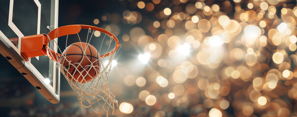 Naklejka premium A basketball ball into a basketball basket. Sport game banner