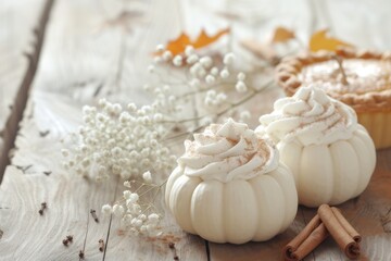Fototapeta na wymiar This is a close up photo of three white pumpkins with Babys Breath flowers on a wood table background with Pumpkin pie and cinnamon whip cream. 