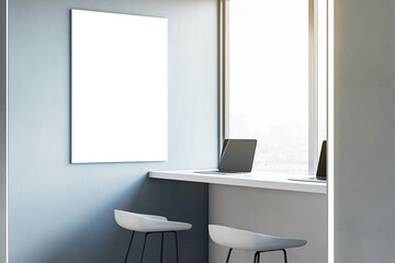 Elegant office interior with wall mounted shelves and ambient lighting. Workspace concept. 3D Rendering