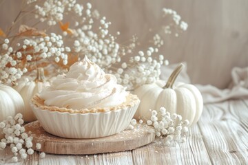 This is a close up photo of white pumpkins with Baby's Breath flowers on a wood table background with Cheesecake Pumpkin Pie and cinnamon whip cream. 