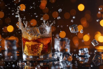 This is a close up photo of whiskey or bourbon splashing out of a shot glass surrounded by ice cubes on a black reflective surface Taken in the studio. 
