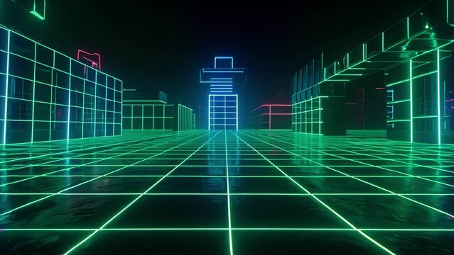 A grid of neon green squares symmetrically arranged against a black background adds a touch of techy nostalgia to this retro scene.