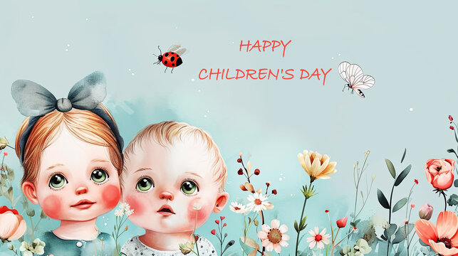 Cute baby girl and boy with ladybird ,butterfly on light blue wall. Modern banner. Happy children's day © bit24