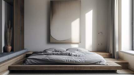 A cozy minimalist bedroom with a low platform bed, soft gray bedding, and a single piece of abstract wall art. 