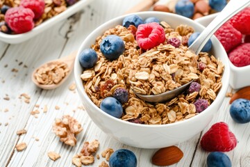 This is a close up photograph of granola being poured out of a scooper surrounded by a bowl of blueberries and raspberries and nuts sitting on an old white wood retro table - obrazy, fototapety, plakaty
