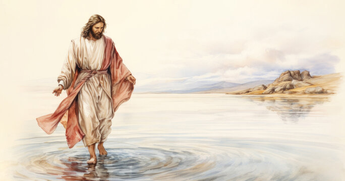 Jesus Christ walking on water. Acrylic oil painting.Colorful illustration from bible. Easter celebration