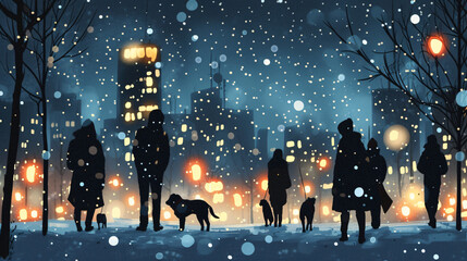 Fototapeta na wymiar Silhouettes of people and dogs in the snow