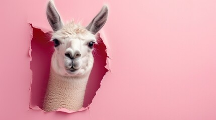 Fototapeta premium Funny lama peeks out through hole in the paper pink background, surprised wonder, creative minimal concept. Lama amazed for sale, poster, shopping, advert, veterinary clinic.