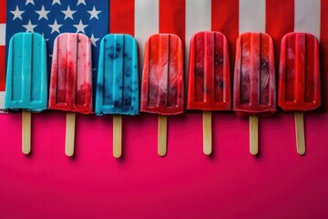 This is a conceptual photo is in the American flag colors of red white blue with pop art Popsicles...