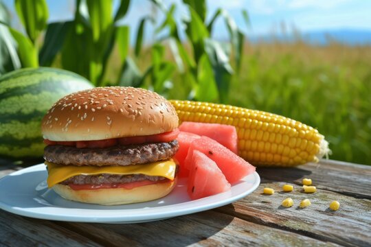 This is a close-up photographs of an open faced cheeseburger on a white plate surrounded by watermelon and corn on the cob sitting on a wooden table in an outdoor setting. 