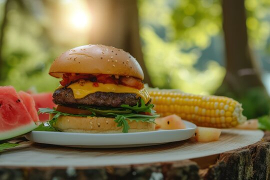 This is a close-up photographs of an open faced vegan plant based cheeseburger on a white plate surrounded by watermelon and corn on the cob sitting on a wooden table in an outdoor setting.