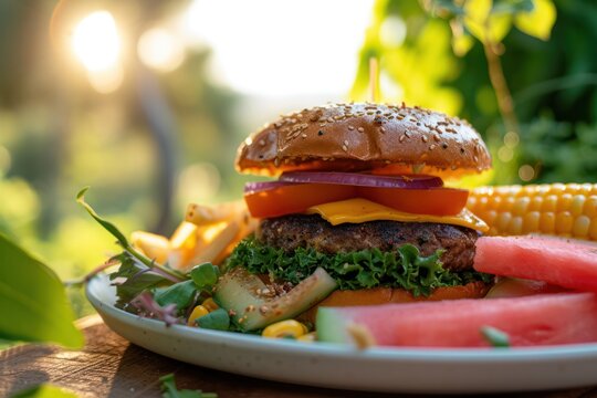 This is a close-up photographs of an open faced vegan plant based cheeseburger on a white plate surrounded by watermelon and corn on the cob sitting on a wooden table in an outdoor setting. 