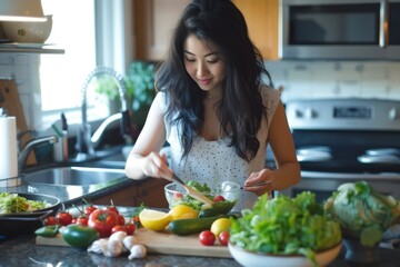 This is a conceptual photo of a young twenty something Asian Hispanic woman making healthy food in the kitchen. 