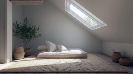 A minimalist attic conversion with skylights, a futon, and minimal decor. 